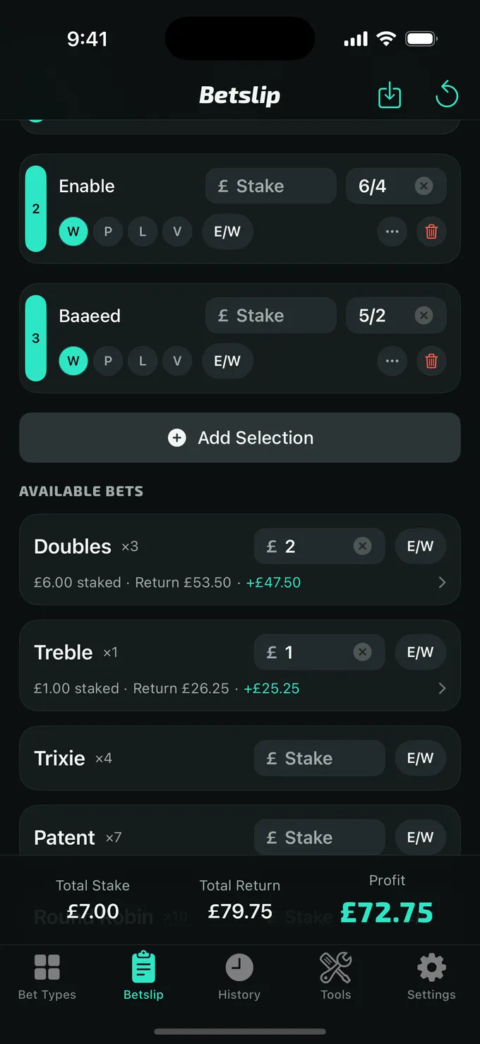 Settler's betslip: three selections with every available bet listed; £2 doubles and a £1 treble, £7.00 staked, £79.75 returned