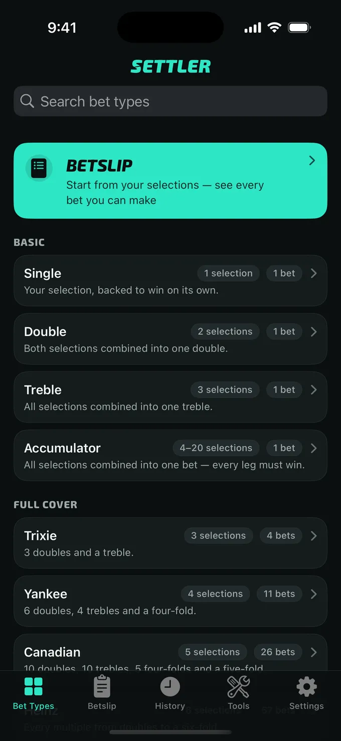 Settler's bet types list: Single, Double, Treble, Accumulator, Trixie, Yankee and more, each with its selections and number of bets